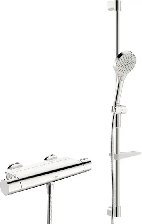 Brausebatterie mit Brausegarnitur in Chrom von HANSA, bestehend aus einem thermostatischen Mischventil und einer Handbrause mit Halterung an einer Stange.